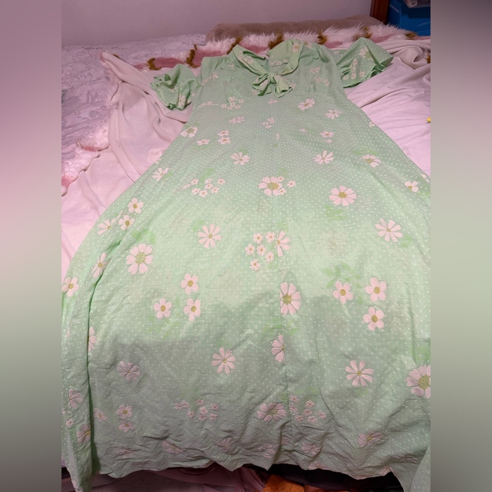 Vintage Handmade Pastel Mint Green Floral Daisy Swiss Dotted Maxi Dress 8/10